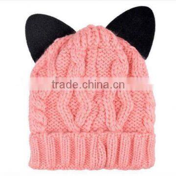 Unique Printed Cat Ear Decorated Polar Fleece Inside Twisted Knitting Women Girls Hat