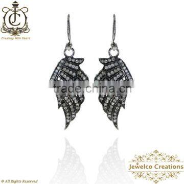 Diamond pave Earrings, Diamond Silver Dangle Earrings, 925 Sterling Silver Pave Wings Hook Earrings, Handmade Jewelry Wholesaler