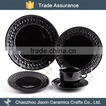 New product modern round black ceramic embossed dinner set