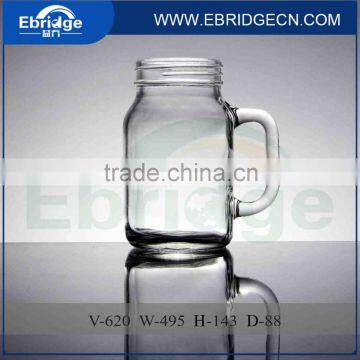 2016 new design 600ml hot sale square stock glass mason jar for drinking with handle