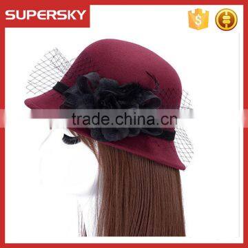 K-108 Ladies Formal Hats With Flower Charm Band Wool Felt Bucket High Quality Women Lace Trim Homburg photo-2