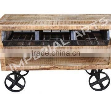 INDIAN MANGO WOOD KITCHEN TROLLY WITH IRON DRAWER