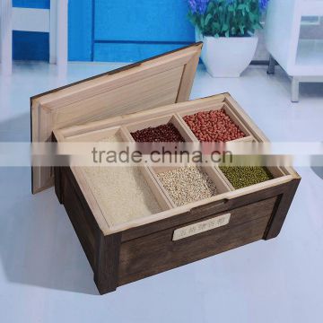 Cheap wood bins with sections for rice and beans