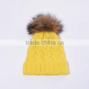 Bright Yellow Knitting Beanie Hats With Big Fur Pompoms for Winter Warm KZ160075 photo-4