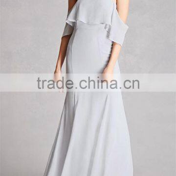 Hot Fashion flounce layer off-the-shoulder neckline short flounce sleeves chiffon Open-Shoulder Maxi Dress