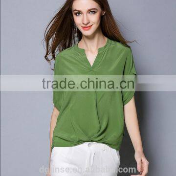 The new model summer fashion ladies loose pure color silk blouse short sleeve v-neck latest shirt designs for women