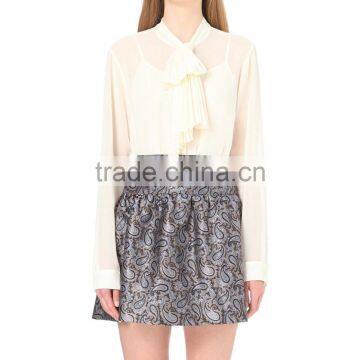 Wholesale Women Curved Hem Long Sleeves Buttoned Cuff Pleated-tie Chiffon Shirt(DQE0098T) photo-2