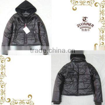 Woolen hooded PU leather winter jackets for women 2013