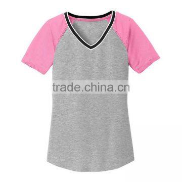 Fashion Women Grey and Pink Blank Raglan V-neck High Visibility T-shirts photo-2