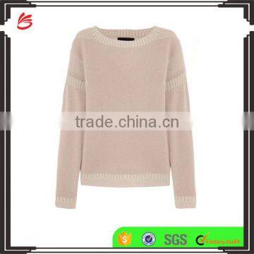 Antique-Rose 100% Cashmere Loose Crew Neck Women Chinese Sweater with Inverted Triangle Stiching on Back