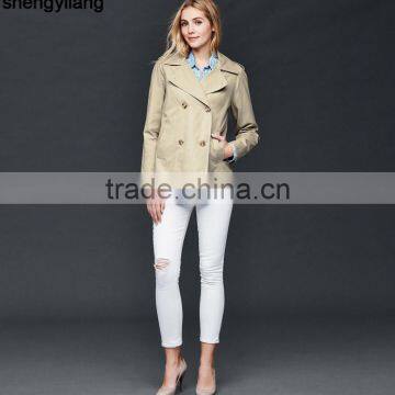 Crisp 100% Cotton Classic Double-breasted Short Coat Custom High Quality Fashion Women Windbreaker Guangzhou Manufacturer photo-2