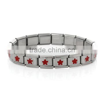 Fashion Design Italian Charm 18 Links Stretch Bracelets Silver Tone Flower Pattern Enamel Red 17.5cm longNewest