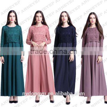 Fake 2 piece lace muslim dress /jj lace muslim Arabian middle east lace abaya kaftandress/ islamic muslim women dress