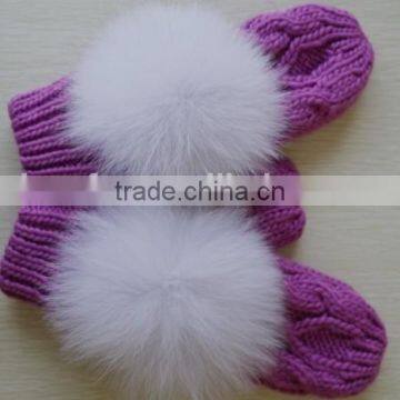 Purple girls lovely warm thick gloves with fox fur pompon/wholesale warm cute gloves