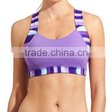 Custom Sexy Polyester Spandex X Back Gym Bra Purple Digital Print sportswear