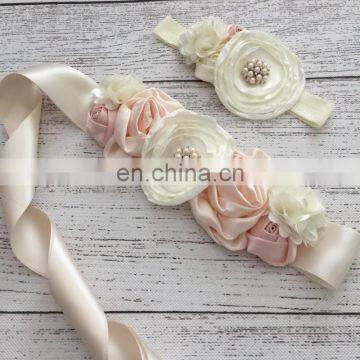 Peach Cream Flower Sash & Headband Sets Maternity Belt With Pearl Baptism Headband Couture Sash