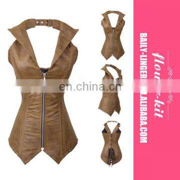 Women's Faux Leather Steampunk Corset Bustier Zip Top Costume Rock Biker
