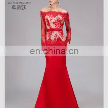 Real Photos ZZ-E0028 Off Shoulder Long Sleeve Lace Beaded Mermaid Red Evening Gown