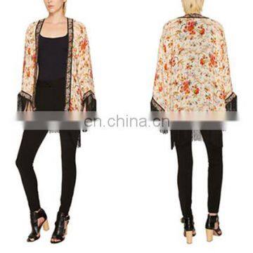 Colorful Black Fringes Lace Kimono Cardigan