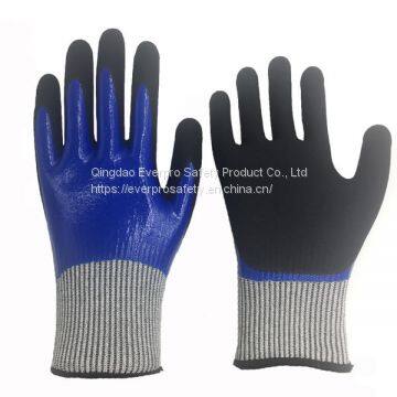 Anti Cut Level 5 13G HPPE Fiberglass Liner Nitrile Sandy Double Coated Cut Resistant Gloves with EN388 4X43D