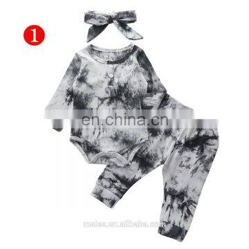 8colors New Design Tie Dye Pit Cotton Infant Romper Clothing Full Pant Baby Girls Fall Outfit Sets With Headband photo-3