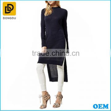 Long style black knitted high neck side splits short front long back women long sleeve top for autumn