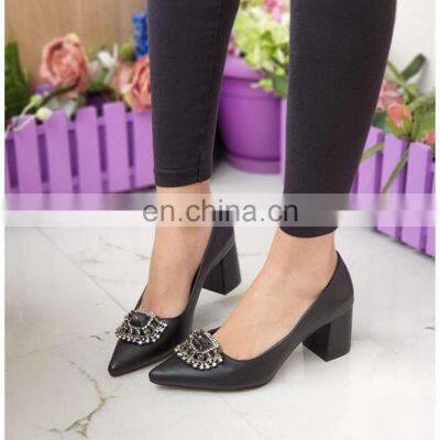 2020 Women fancy design black color embellished buckle pointed toe block heel sandals shoes