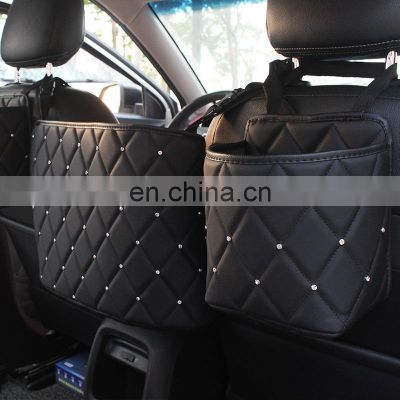 Crystal Rhinestone PU Leather Car Storage Bag Rear Seat Bracket Multi-pocket Car Container Storage Organizing Storage Bag