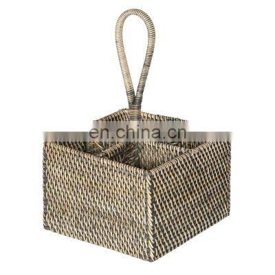 Hot Woven rattan utensil caddy features four compartments Boho Decor High Quality Bottle Holder Wholesale Vietnam Supplier