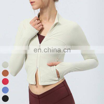 Custom Workout Wear Double Head Zipper Stand Collar Sports Coat Gym Fitness Tops Long Sleeve Ribbed Short Yoga Jacket For Women photo-4