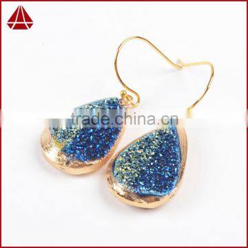 High quality18k Gold plated Blue Druzy Dangle Earring For lady Drop Earrings