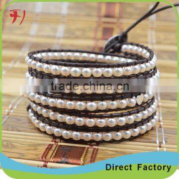 Light Blue Stone Mix Rock Crystal Bead Sewing On Blue Genuine Leather Bracelet