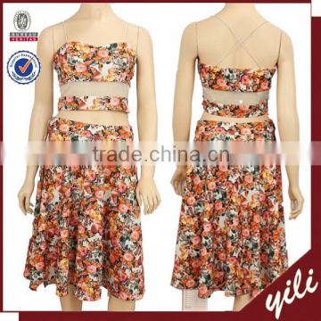 2016 girls fashion flower print sleeveless tops and long skirt lady two-piece suit