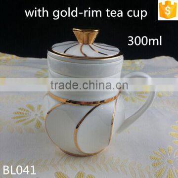 unique design ceramic cup with lid 300ml bone china gold rim tea cup with filter