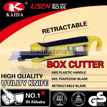 Auto Retractable Safety Trapezoid blade Plastic with rubber grip handle Cutter