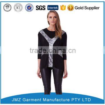 new style long sleeve stretchy sequined women t shirt/clothes in black