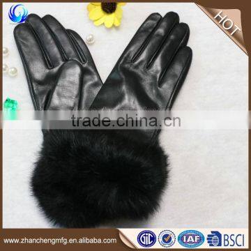 Funky Women Genuine Sheep Leather Hand Gloves With Rabbit Fur Cuff photo-5