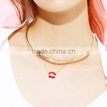 2016 Fashion Women Punk Necklaces Charm Party Gold Plated Red Lip Necklace Choker Collar Necklace