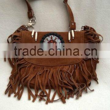 Native Western Style Suede Leather Beaded Shoulder Bag Fringed Brown photo-2