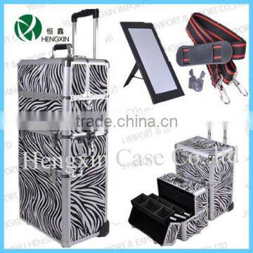 Zebra Aluminum Makeup Cosmetic Train Rolling Case Hair Style Lockable Box