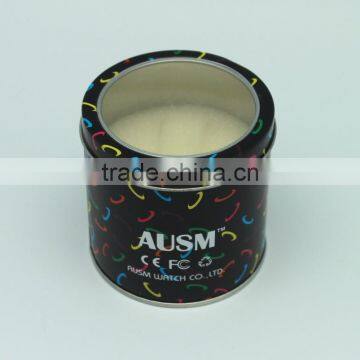 Wholesale with PVC window lids ponge inside logo and color printing round tin can manufacturer