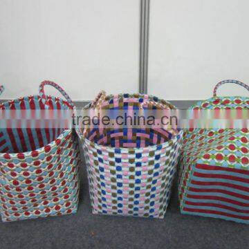 Colorful woven plastic basket with handles- Plastic clothes basket/Vietnamese plastic bag manufacturer