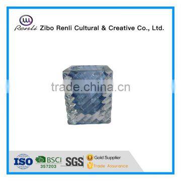 Blue Ribbed Square Cube Recycled Unique Glass Candle Jars photo-2