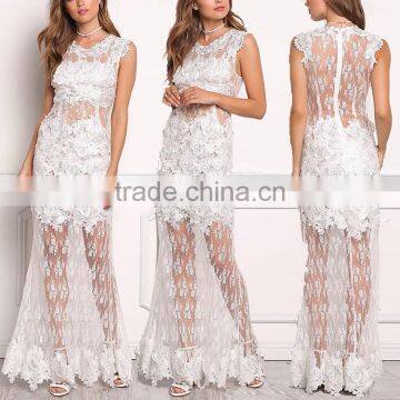 Sexy Nighty Off White Floral Applique Lace Maxi Dress for Women HSd7331