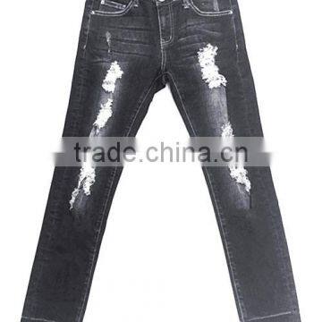 lady's black blue five pocket jeans ripped denim pants