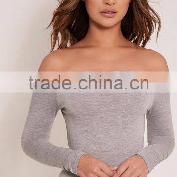 Women Underwear Plain Off Shoulder Sexy Tight Silm Fitness Basic Grey Round Neck Bodysuit photo-2
