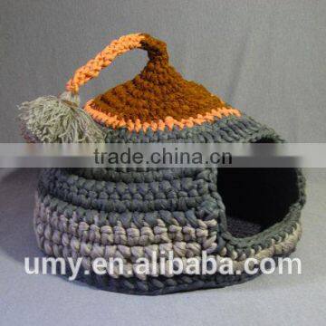 Crocheted Cat Cave Pet House Pet Bed Gray And Brown With Tassel For Playing photo-2