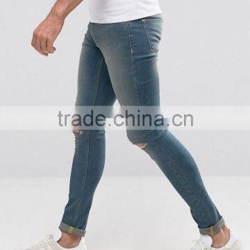 Super Skinny Denim Jeans Distressed Denim Pants With Knee Rips photo-4