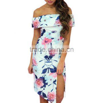 Summer Front Slit One-piece Printed Floral off Shoulder Dress photo-2