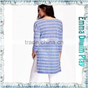 2016 Latest Custom Designer Blue Stripe Long Open Hem Womens Three Quarters Sleeve Round Neck T Shirts photo-2